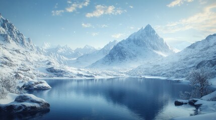 Poster - Majestic snowy mountain landscape with serene lake and clear blue sky during winter