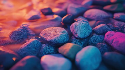 Poster - Colorful stones illuminated by soft lighting along the shoreline of a tranquil body of water at dusk