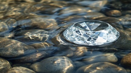 Poster - Sparkling crystal resting on smooth stones in clear water under soft sunlight