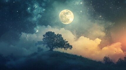 Naklejka na meble Lone tree under a full moon and starry sky with dreamy clouds.