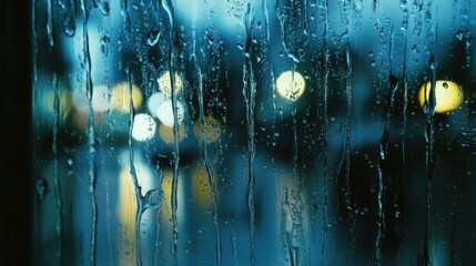 Poster - Gentle rain creates shimmering droplets on glass, blurring lights in the evening