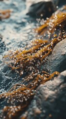 Poster - Close-up view of seaweed on a rocky beach with ocean waves splashing around it