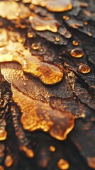 Poster - Close-up view of glistening pine tree bark revealing intricate textures and natural patterns after a rain shower