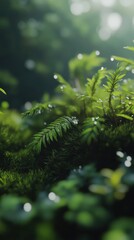 Poster - Close-up of vibrant green moss with droplets glistening in soft natural light