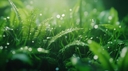 Poster - Close-up exploration of vibrant green moss showcasing intricate textures and dew drops in a tranquil setting