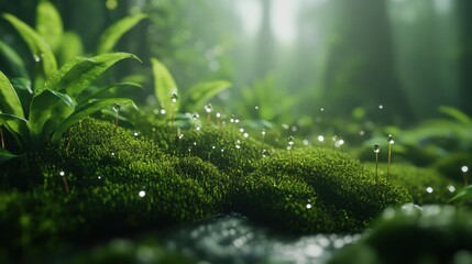 Aufkleber - Lush green moss illuminated by soft natural light in a serene forest setting revealing details of dew drops and texture