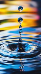 Poster - Dramatic close-up of a water droplet creating ripples against a colorful background during a serene daylight moment