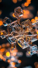 Fototapete - Close-up view of a unique snowflake showcasing intricate crystal formations against a blurred warm background