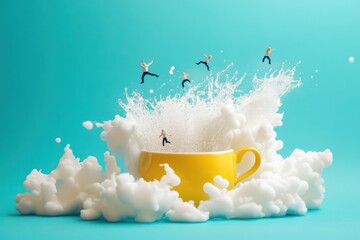 Creative Illustration of Tiny Figures Jumping into a Giant Cup Surrounded by Bubbles on a Bright Blue Background for Whimsical and Playful Imagery