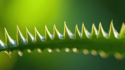 Poster - Extreme close-up of a leaf edge highlighting intricate serrations and natural design under soft light in a garden environment