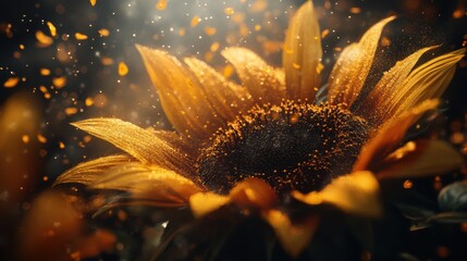 Poster - Close-up view of vibrant sunflower petals revealing golden pollen in soft natural light during a summer afternoon