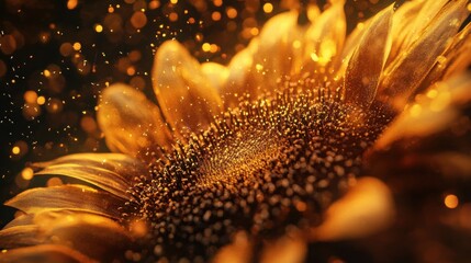 Poster - Detailed view of sunflower petals displaying vibrant pollen with sparkling background