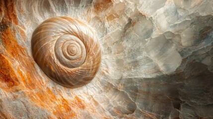 Aufkleber - Detailed view of a snail shell against a textured stone background showcasing natural patterns and colors