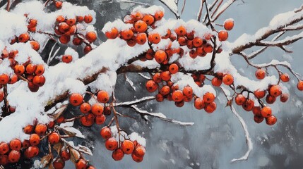 Poster - Winter berries cling to snow-covered branches creating a vibrant contrast against the cold backdrop