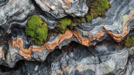 Aufkleber - Detailed macro shot showcasing the intricate textures of rough bark with vibrant moss accenting its natural beauty