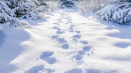 Aufkleber - Winter trail winding through a snow-covered landscape with distinct footprints leading the way