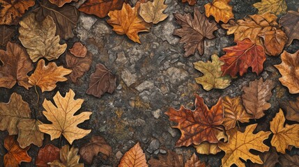 Aufkleber - Autumn leaves scattered on a textured surface showcasing vibrant colors and seasonal beauty