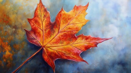 Poster - Close-up view of a vibrant maple leaf showcasing autumn colors against a soft blue background