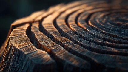 Poster - Detailed close-up view of a freshly cut tree stump showcasing growth rings and wood texture in natural light
