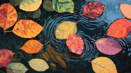 Aufkleber - Colorful leaves float gracefully on a tranquil pond surrounded by nature in autumn