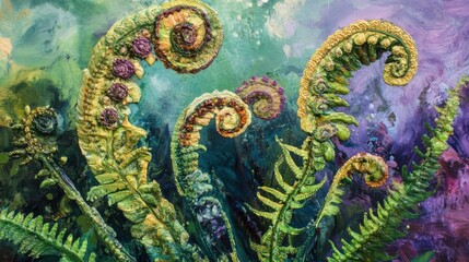 Poster - Beautiful detail of spring green ferns unfurling in a vibrant natural setting with soft colors and intricate textures