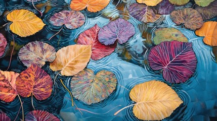 Aufkleber - Colorful autumn leaves floating gently on a serene pond surface during a calm afternoon