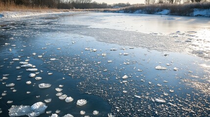 Aufkleber - Frozen surface of a winter lake with ice formations and reflections in a serene landscape
