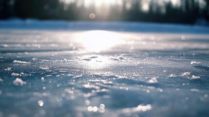 Poster - Frozen lake surface reflecting sunlight during a serene winter morning