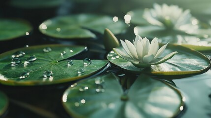 Poster - Close-up view of water droplets resting on a vibrant lily pad with a delicate flower amid nature's serenity