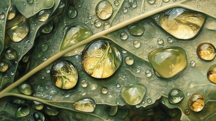 Aufkleber - Close-up view showcasing intricate water droplets resting on green leaves after rainfall creating a natural artwork