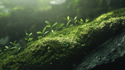 Poster - Close-up view of spring moss featuring tiny buds in a serene natural setting during daylight hours