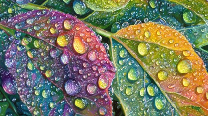 Poster - Spring raindrops glisten on vibrant green leaves showcasing nature's refreshing beauty and colors