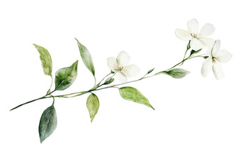 watercolor white flower branch with delicate blossoms and green leaves for decorative element isolat