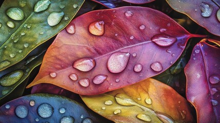 Poster - Close-up view of vibrant spring raindrops on lush green and colorful leaves showcasing nature's beauty