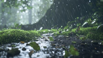 Poster - Rainfall cascades over lush moss covering the forest floor in a tranquil woodland setting