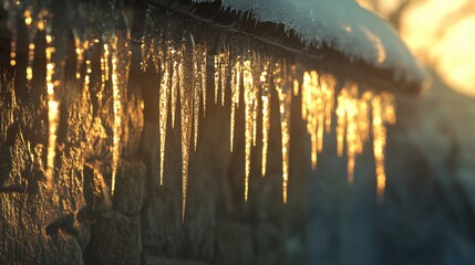 Aufkleber - Close-up view of glistening icicles hanging from a roof during a winter sunset