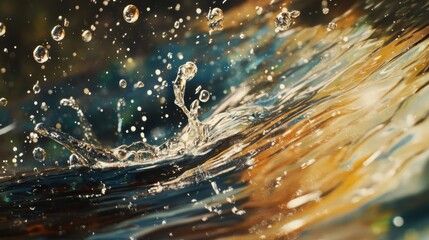 Poster - Close-up of dripping water showcasing tiny bubbles in a serene natural setting during golden hour
