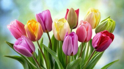 Poster - Colorful spring tulips blooming in vibrant hues against a soft green background