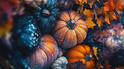 Aufkleber - Vibrant close-up of colorful pumpkins and autumn leaves in a rustic pumpkin patch during harvest season