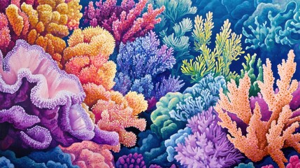 Poster - Close-up exploration of a vibrant coral reef teeming with marine life and diverse coral structures in clear tropical waters
