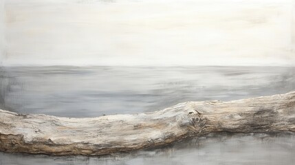 Poster - Weathered driftwood along a tranquil shoreline under a soft, muted sky at dawn