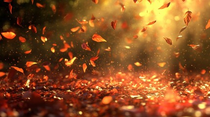 Poster - Sunlit forest filled with falling leaves during autumn in a tranquil natural setting