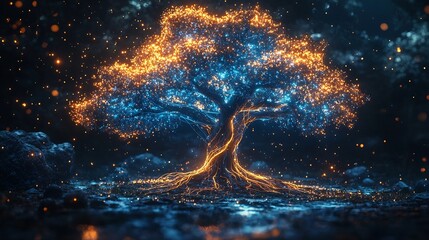 Poster - Glowing Fiber Optic Tree Symbolizing the Technological Transformation of Nature