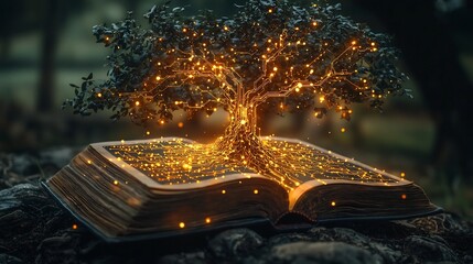 Poster - Glowing Digital Tree Branching from Antique Book Symbolizing Technological Evolution of Learning