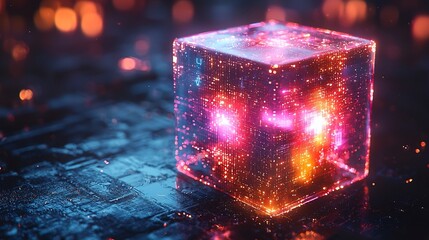 Poster - floating holographic cube filled with shifting digital patterns representing modern technology innov