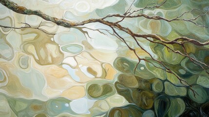Poster - Reflections of branches create abstract patterns on calm water's surface during soft light