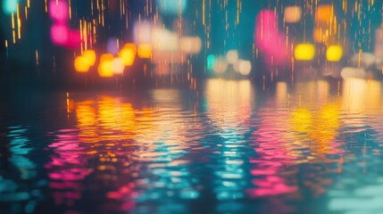 Poster - Reflections of vibrant city lights create a mesmerizing glow on the water surface during a rainy night