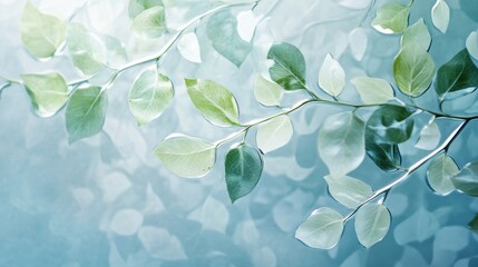 Poster - Leaves create a mesmerizing abstract reflection against a soft blue backdrop in natural light