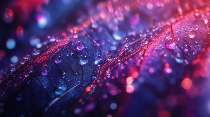Poster - Close-up of morning dew glistening on a vibrant leaf showcasing nature's intricate beauty at dawn