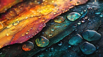 Poster - Close-up of morning dew on a leaf showcasing vibrant colors and intricate patterns in nature